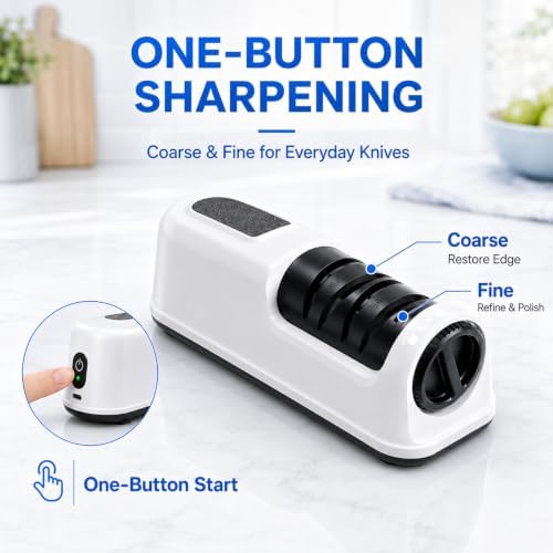 2-Stage Electric Knife Sharpener for Chef Knives, Fast, Safe & Easy Sharpening & Polishing, Ideal for Home Use & Beginners, Quickly Restore Dull Blades, White
