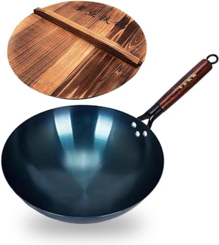 14-Inch Carbon Steel Wok, Round Bottom Traditional Chinese Wok with Wooden Handle and Wooden Lid, Uncoated Non-Stick Wok for Gas Stoves, Home Cooking, Camping, and as a Gift