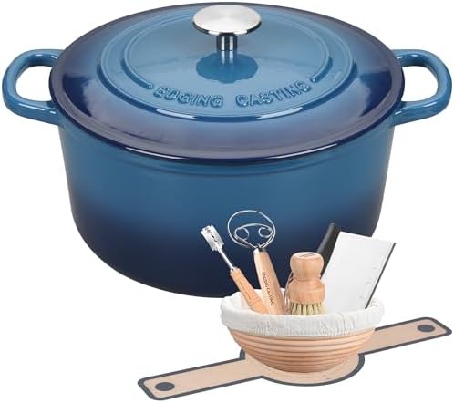 EDGING CASTING Enameled Cast Iron Dutch Oven with Sourdough Bread Baking Kit, Bread Dutch Oven with Lid, Includes Proofing Basket & Baking Tools, 5qt, Lake Blue