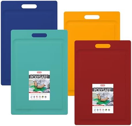 Dexas 4-Pack NSF Certified Polysafe Cutting Boards with Handle and Juice Well, 12 x 18 inches, Reversible Kitchen Cutting Board, Assorted Colors