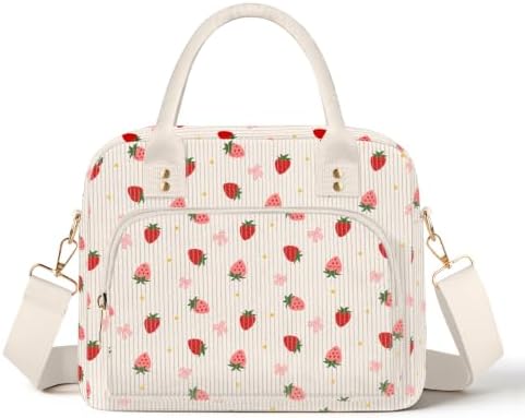 Lunch Bag Large Insulated Lunch Box for Women Adult Cute Pink Strawberry Lunchbox Corduroy Lunch Bags Boxes Pail with Shoulder Strap for Work Mom Picnic Office Travel 11.4×6.8×9.1 inches 11.5L