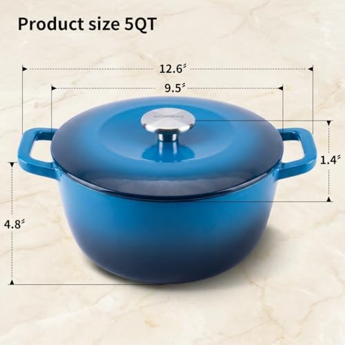 5QT Enameled Cast Iron Dutch Oven,Concave Self-Basting Lid,Blue