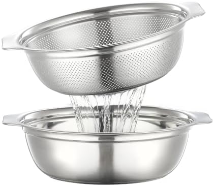 Colander for Kitchen Microporous, 5QT Strainer with Mixing Bowl Large Capacity, Stainless Steel Colander with Handle for Washing Vegetables, Fruit, Rice and Draining Cooked Pasta(2PC)