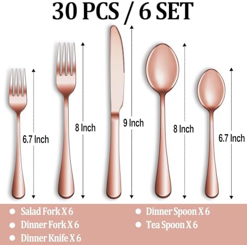 30 Pcs Rose Gold Silverware Set Service for 6, Premium Stainless Steel Flatware Set, Cutlery Utensil Set, Durable Home Kitchen Eating Tableware Set, Include Fork Knife Spoon Set, Dishwasher Safe