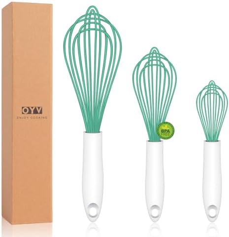 OYV Teal Silicone Whisk Set of 3, 8/10/12 Inch, Dishwasher Safe, Aqua