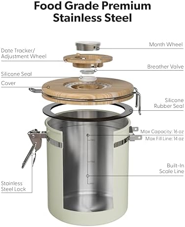 Veken Coffee Canister with Window, Airtight Stainless Steel Container, 16OZ