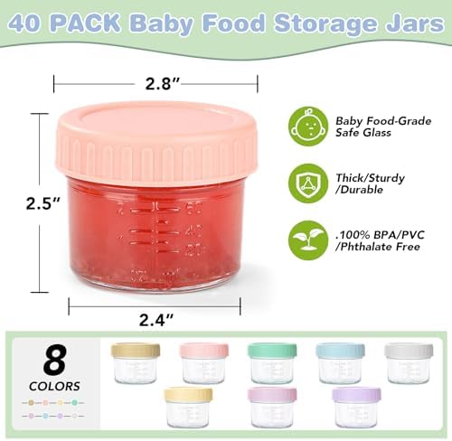 RowinsyDD 40 Pack Baby Food Containers, 4 oz Glass Baby Food Jars with Lids