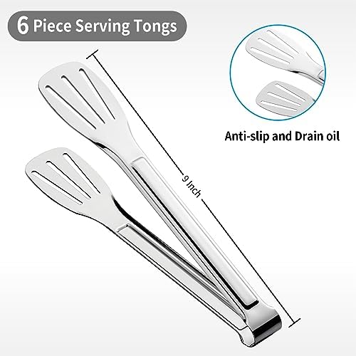 6 Pack Tongs for Cooking, Amafox Stainless Steel Small Serving Tongs for Food, Multifunctional Kitchen Tongs for Serving Food, Salad, Steak, Appetizer, Dishwasher Safe (9 Inch)