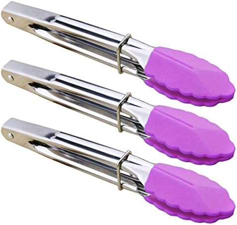 HINMAY 7-Inch Stainless Steel Tongs with Silicone Tips, Set of 3 (Purple)