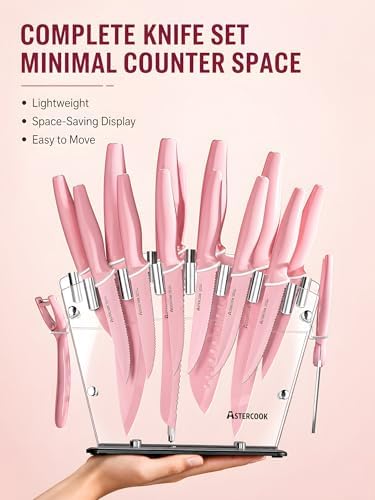Astercook Knife Set with Block and Sharpener, 22 Piece Kitchen Knife Set Dishwasher Safe, Space-Saving Clear Knife Block with Knives for Everyday Home Cooking Pink