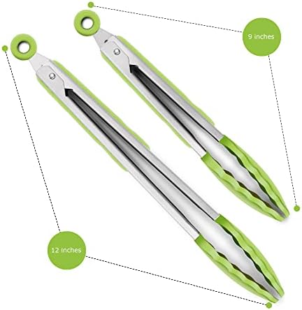 2 Pack Silicone Kitchen Tongs, 9 & 12 Inch, Stainless Steel, Light Green