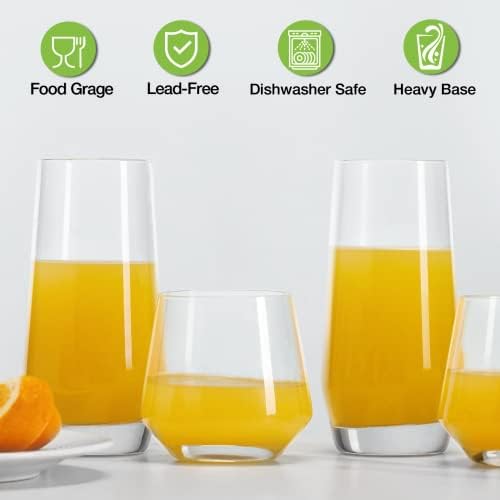 Large & Small Drinking Glasses Set of 8-4 Tall Glass Cups 18 oz & 4 Short Stemless Wine Glasses 13 oz, Highball Glasses, Glassware Sets for Cocktail, Beer, Wine, Whiskey, Water & Juice Drinkware