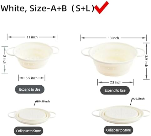 Collapsible Silicone Colander with Handles, Round Strainer with Stainless Steel Rim, Space Saving Kitchen Tool for Fruits & Vegetables,BPA-Free,Heat-Resistant Pasta Drainer(White, S+L)