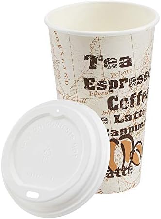 Amazon Basics Disposable Hot Paper Coffee Cups with Lids, To Go, Café Design, 16 oz, 100-Count