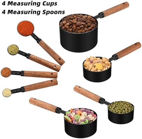 Wooden Handle Measuring Cups & Spoons Set 8-Piece – Stainless Steel, Stackable, Rustic Farmhouse Kitchen Gadgets, Non-Toxic, Dishwasher Safe, Gift for Bakers & New Homeowners