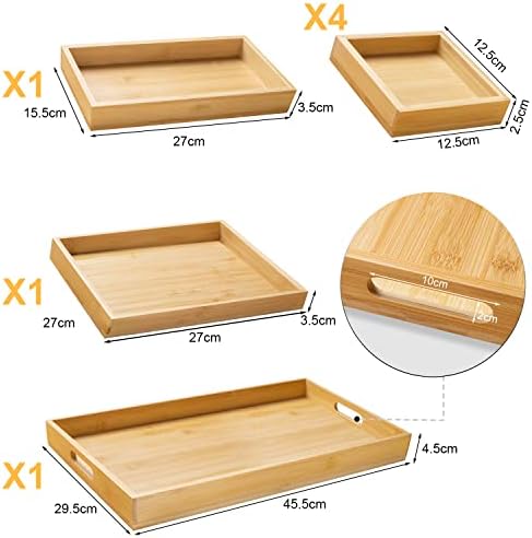 Wood Serving Tray with Handle, Set of 7 Nesting Rectangular Trays for Party