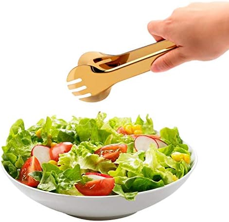 2-Pack 9 Inch Stainless Steel Gold Salad Tongs, Non-slip & Easy Grip Smart Locking Clip Handy Utensil for Cooking, Serving, Barbecue, Buffet, Salad, Ice, Oven