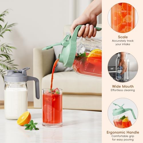 JunVpic Glass Pitcher with lid, 64 oz Wide Mouth Mason Jar