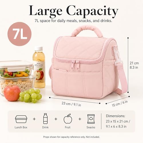 Lunch Bag for Women Insulated Pink Lunch Box Quilted Puffer Lunch Tote