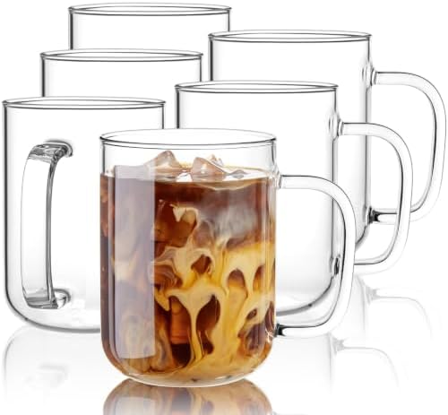 Glass Coffee Mugs, 24 oz Ice coffee cups, Large Clear Tea Cups Set of 6, Glass Mugs with Handles, Glass Cups for Latte, Cappuccino, and Tea