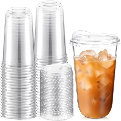Baderke 50 Pcs Round Bottom Plastic Cups with Lids Clear Togo,18 Oz