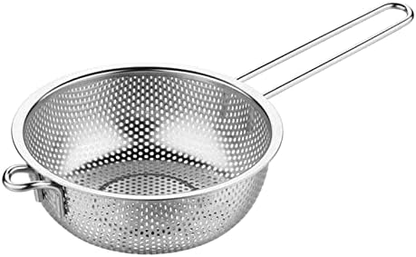 Stainless Steel Fine Mesh Colander with Long Handle, 6-Inch Metal Food Strainer with Resting Feet, Micro-Perforated Colander Metal Kitchen Strainer for Fried Food Vegetable Fruit(silver)