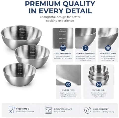 Stainless Steel Mixing Bowls Set of 3 - 9.84", 8.66" & 7.5" Metal Mixing Bowls, 3.3 Qt, 2 Qt & 1.5 Qt Stainless Steel Salad Bowls, Durable 304 Stainless Steel Bowl for Kitchen, Baking, and Meal Prep