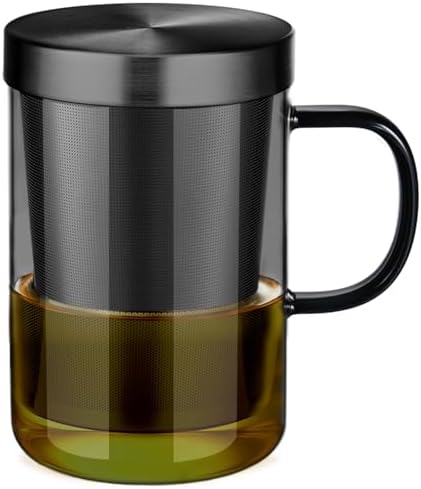 ecooe 16.9oz Glass Tea Cup with Infuser and Lid 430ml(Use Capacity), Black