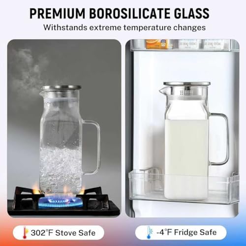 1 Pack 2 Liters/68 oz Square Glass Pitcher with Lid and Handle, Glass Carafe for Hot/Cold Water, Large Iced Tea Pitcher for Coffee, Juice
