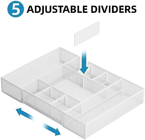 Marbrasse Expandable Desk Drawer Organizer, Mesh Drawer Organizer Tray with 10 Adjustable Compartments, Desk Organizers and Accessories, 5 Dividers Drawer for Office Supplies, Makeup & Vanity (White)