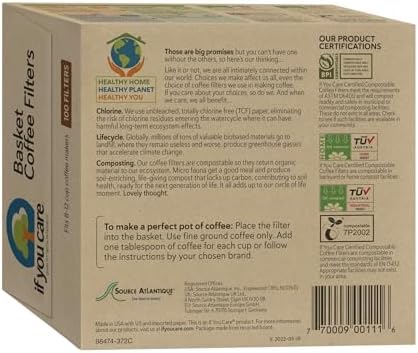 If You Care Unbleached Coffee Filters, Basket Style, 8 Inch – Chlorine-Free, Compostable, FSC Certified [100 Count]