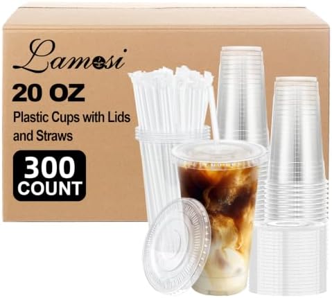 Lamosi 300 Pack 20 oz Plastic Coffee Cups with Lids, Disposable Clear Cups