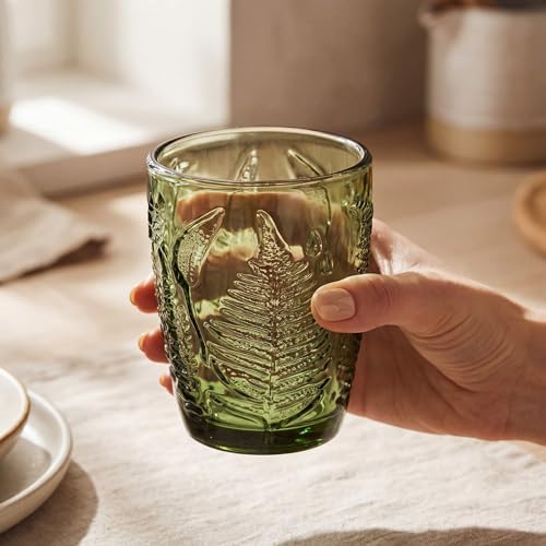 Green Drinking Glasses Set of 8, 10 oz Glass Cups, Vintage Fern Glassware
