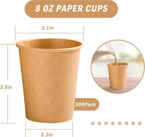BYSNOW 300 Pack 8 oz Kraft Paper Cups, Disposable Coffee Hot Water Cups