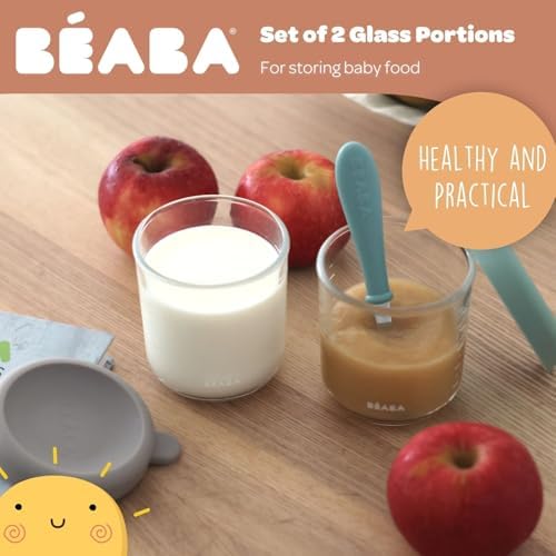 BEABA 2 Pack Glass Baby Food Jars with Soft Silicone Air Tight Lids, 8 oz Glass Storage Containers with Lids, Microwave and Freezer Safe Containers, Sage