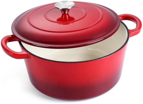 E-far Enameled Cast Iron Dutch Oven with Lid, 6 Quart Round Dutch Oven Pot Nonstick Cookware for Braising, Stews, Roasting, Bread Baking, Cooking, Heavy Duty, Induction & Oven Safe - Red