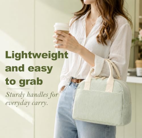 LOVELYWIND Lunch Box for Women, Insulated Lunch Bag, Green Stripe Tote
