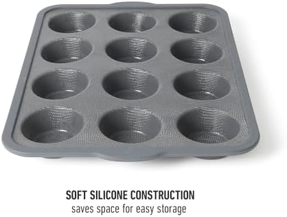 Calphalon Omni 12-Cup Muffin & Cupcake Pan with GlassFlex Technology, Flexible Silicone & Micro-Woven Glass Core for Ultra Airflow Baking, Grey