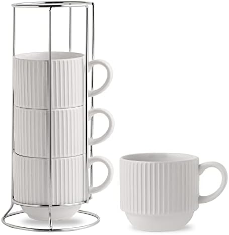 HASENSE 15 oz Ribbed Stackable Coffee Mug Set of 4, Porcelain Latte Cups with Metal Rack, Dishwasher & Microwave Safe, Cappuccino Tea Hot Cocoa, White