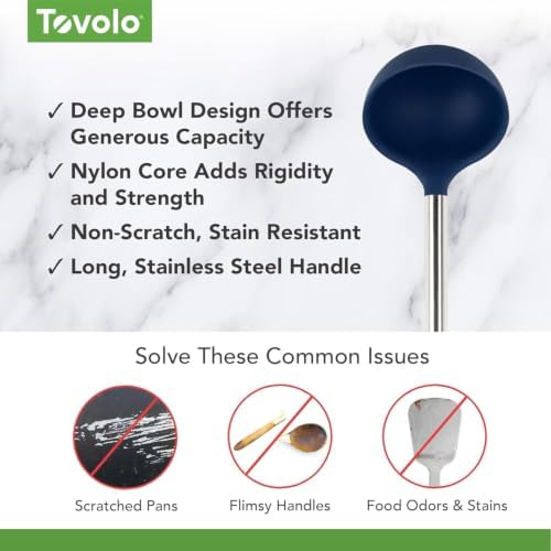 Tovolo Silicone Ladle With Stainless Steel Handle Deep Soup Ladle for Cooking Canning Serving Soup Punch Stew Sauce, Large Kitchen Utensil Spoon Dishwasher Safe BPA Free Silicone Deep Indigo