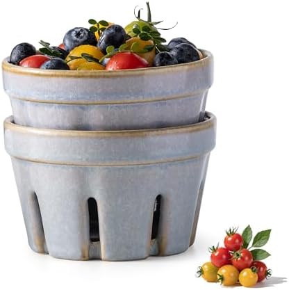 Gomakren Ceramic Berry Basket Set of 2, Small Fruit Bowl Colanders, Gray