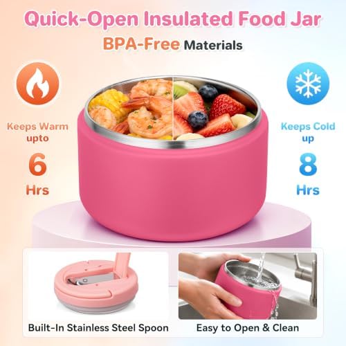 Bento Lunch Box with 8oz Soup Thermo,Kids Leakproof 4 Compartment Lunch Food Containers with Sauce Cup and Ice Pack,Kids Thermo Insulated Hot Food Jar and Lunch Bag for School,Trvael-Pink