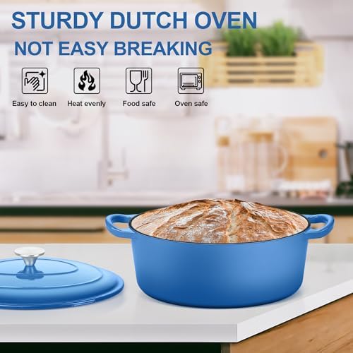 E-far 5QT Oval Dutch Oven Pot with Lid, Blue Enameled Cast Iron Dutch Oven