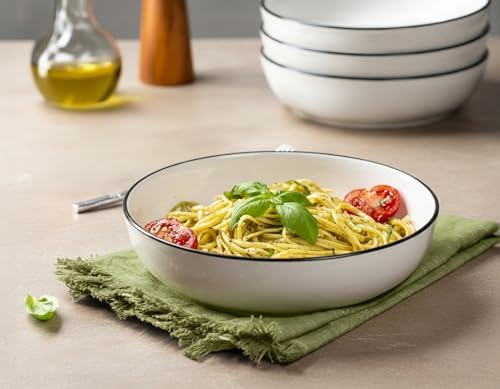 KooK Pasta Bowls, For Soups & Salads, Set of 4, 40 oz, Black Rim, French