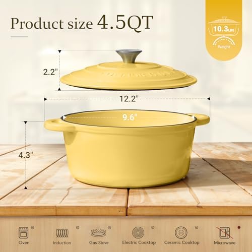 Overmont Enameled Cast Iron Dutch Oven - 4.5QT Pot with Lid Cookbook & Cotton Potholders - Heavy-Duty Cookware for Braising, Stews, Roasting, Bread Baking GooseYellow