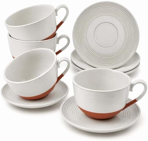 12 Oz Cappuccino Cups with Saucers, Coffee Cups Set of 4, Ceramic Tea Cup and Saucers, Wide Mouth Coffee Mugs for Latte Art, Cappuccino, Espresso & Cafe Drinks, Microwave Dishwasher Safe