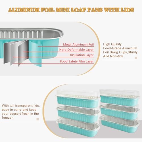 50 Pack Mini Cake Pans with Lids and Spoons, Mini Loaf Baking Pans 6.8oz, Small Disposable Aluminum Foil Loaf Pans, Rectangular Baking Containers for Party and Picnics, Cheesecake Pans (Blue)