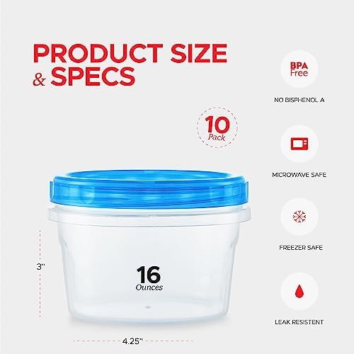 Tafura Freezer Containers, 10 Pack, 16 Oz, Leakproof BPA-Free Lids