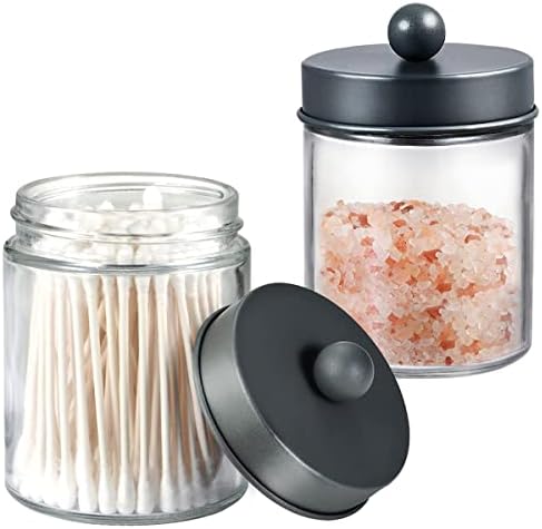 Amolliar Glass Apothecary Jar Qtip Holder Metal Lids 4pc/Grey