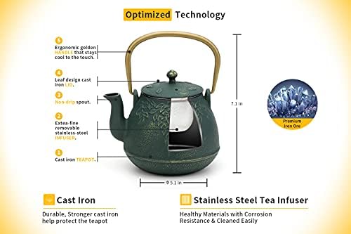 TOPTIER Japanese Cast Iron Tea Kettle with Infuser, Leaf Design Teapot Stovetop Safe Coated with Enameled Interior for 32 Ounce (950 ml), Dark Green